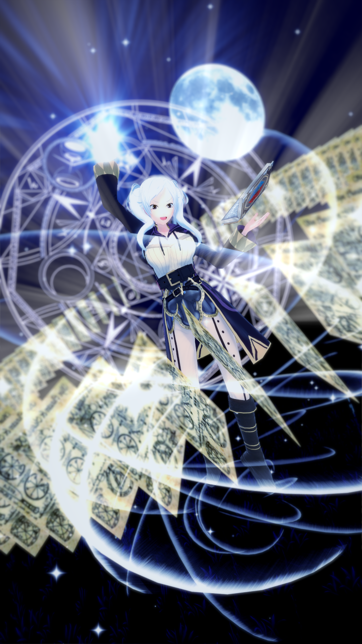 >:) 1girls 3d alternate_version_available arm_up attack book breasts brown_eyes cleavage coat covered_nipples evil_smile female female_only fire_emblem fire_emblem_awakening floating full_moon kankantor large_breasts levitation magic magic_circle medium_hair moon nintendo open_mouth pants robin_(fire_emblem) robin_(fire_emblem)_(female) smile solo twintails white_hair
