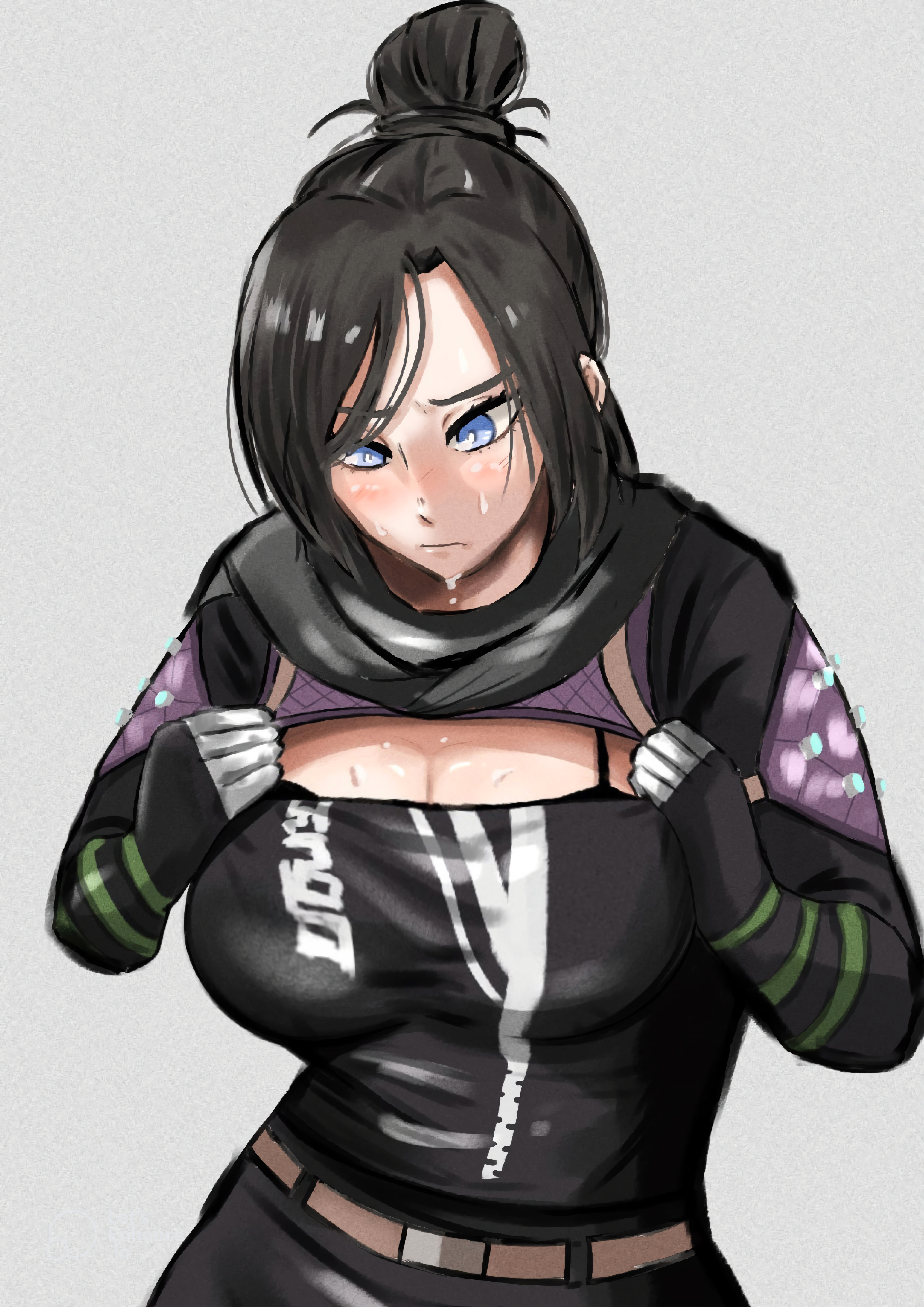 2d, alternate breast size, apex legends, big breasts, big hips, big thighs, black hair, blue eyes, blush, blushing, bra, breast expansion, breast growth, breast growth (enlargement), breast hold, breast squeeze, breast squish, breasts, breasts out, breasts outside, bursting breasts, bursting clothes, female, growth, huge breasts, jumpsuit, outgrowing clothes, simple background, stretched clothing, sweat, sweatdrop, sweaty, sweaty body, sweaty breasts, thick, tight clothes, tight clothing, tights, unknown artist, video games, wraith (apex legends)