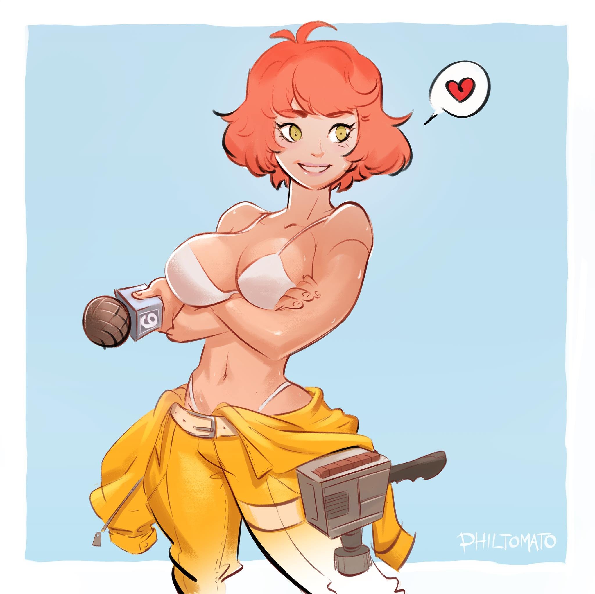 1girls, alternate version available, april o'neil, april o'neil (tmnt 1987), arms under breasts, belt, big breasts, bikini top, breasts, camera, cleavage, cowboy shot, crossed arms, electronics, female, female only, g-string, heart symbol, human, jumpsuit, microphone, open jumpsuit, outerwear, pale skin, philtomato, presenting breasts, reporter, shirt down, solo, speech bubble, spoken heart, teenage mutant ninja turtles, tmnt 1987, video camera