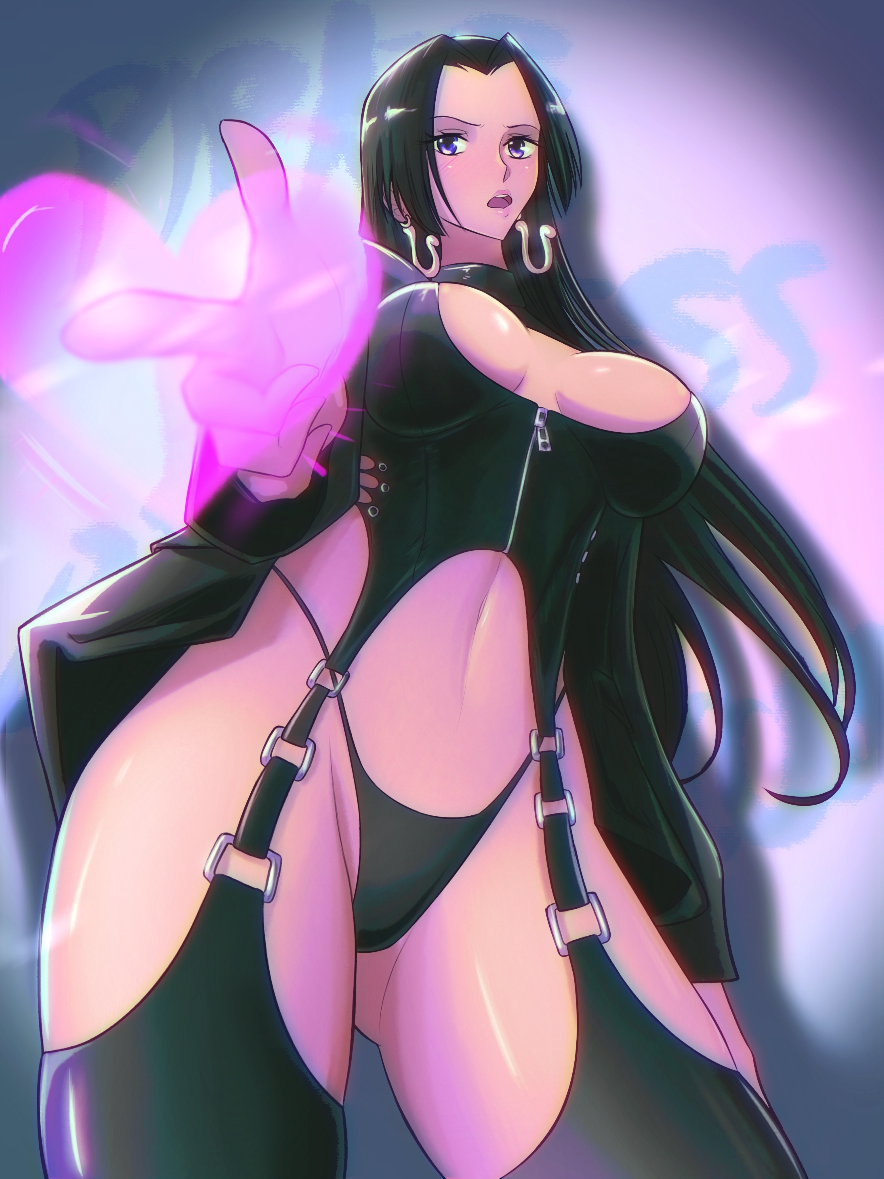 1girls, bikini bottom, black hair, black-haired female, boa hancock, breasts, breasts apart, female, female only, latex, long hair, looking at viewer, one piece, opalisart, solo, solo female
