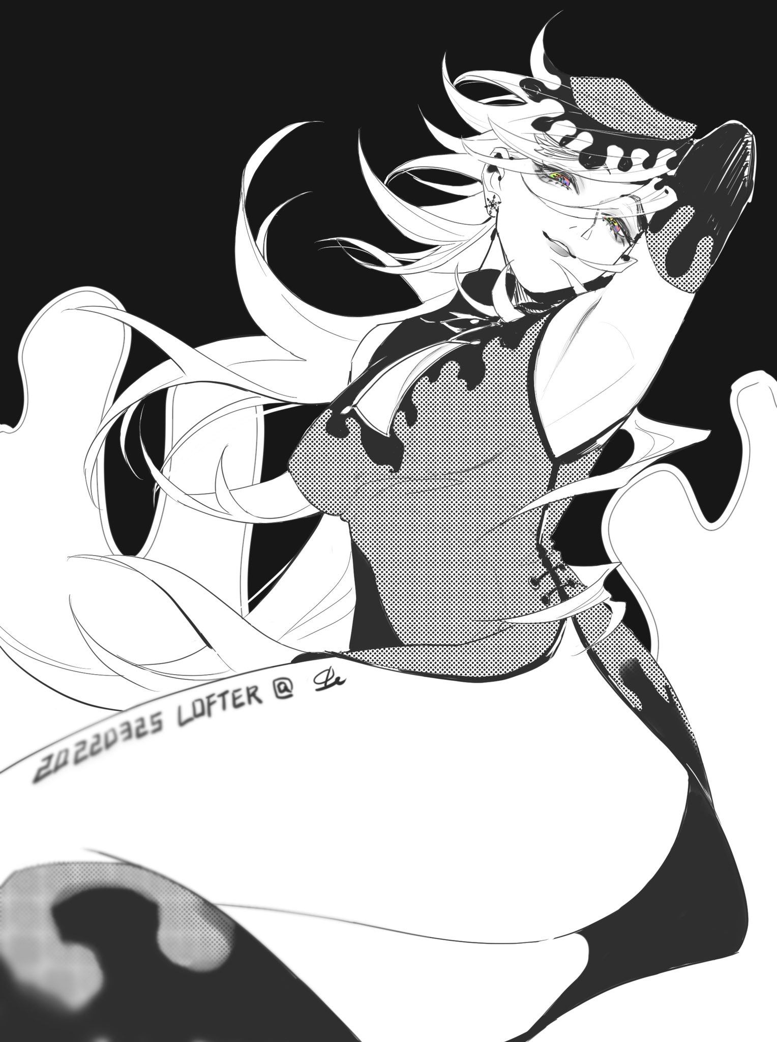 alternate costume, armpit, ass, big ass, breasts, china dress, chinese clothes, cleavage cutout, demon, demon girl, demon slayer, douma, elbow gloves, female, female only, genderswap, genderswap (mtf), hair between eyes, kimetsu no yaiba, long hair, looking at viewer, medium breasts, monochrome, rule 63, side slit, sleeveless, smile, solo, spiky hair, thick eyebrows, thick thighs, verazengch