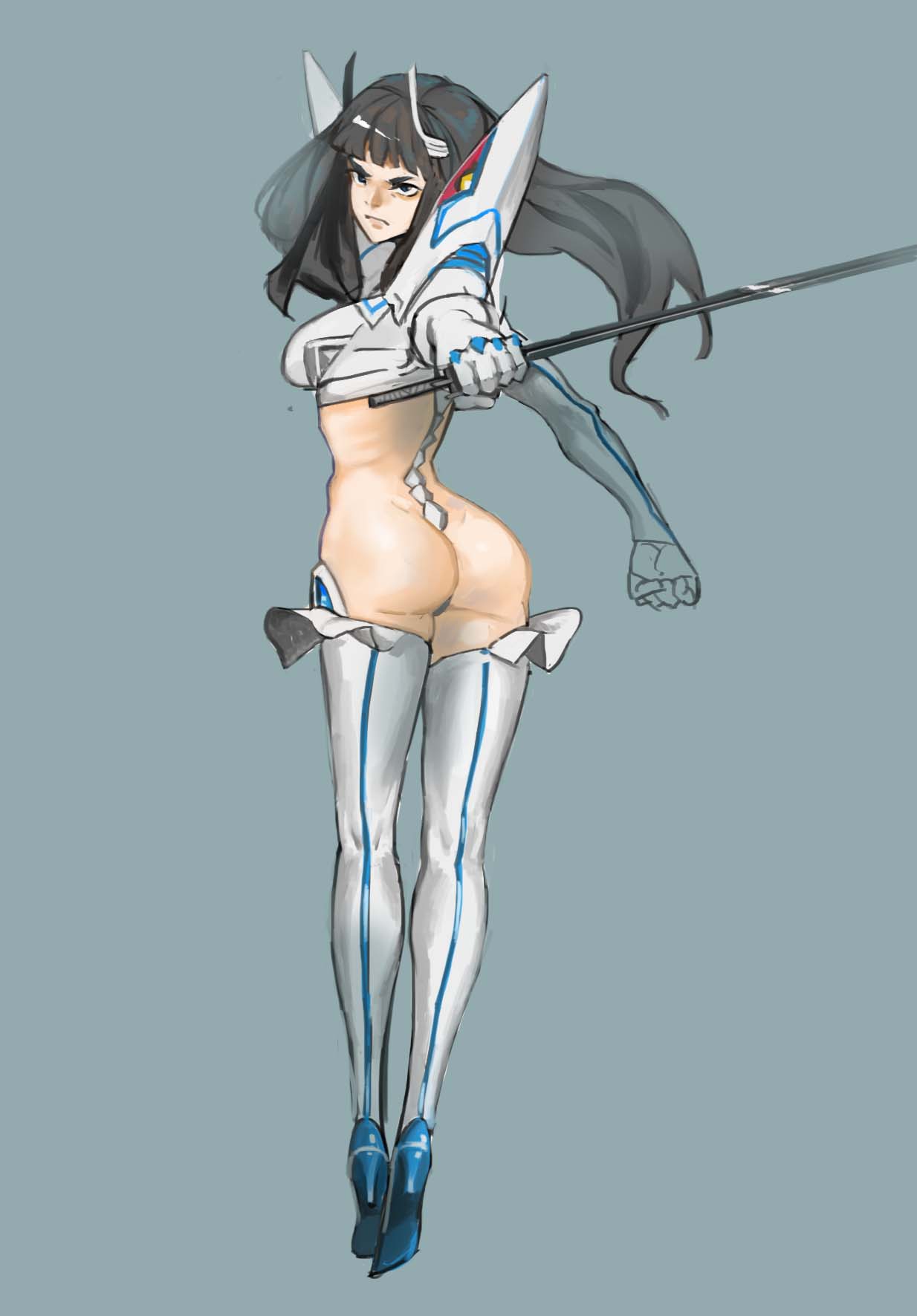 ass bakuzan black_hair closed_mouth dark_hair female female_focus female_only full_body hirundo_rustica hong_doo junketsu kill_la_kill kiryuuin_satsuki simple_background solo