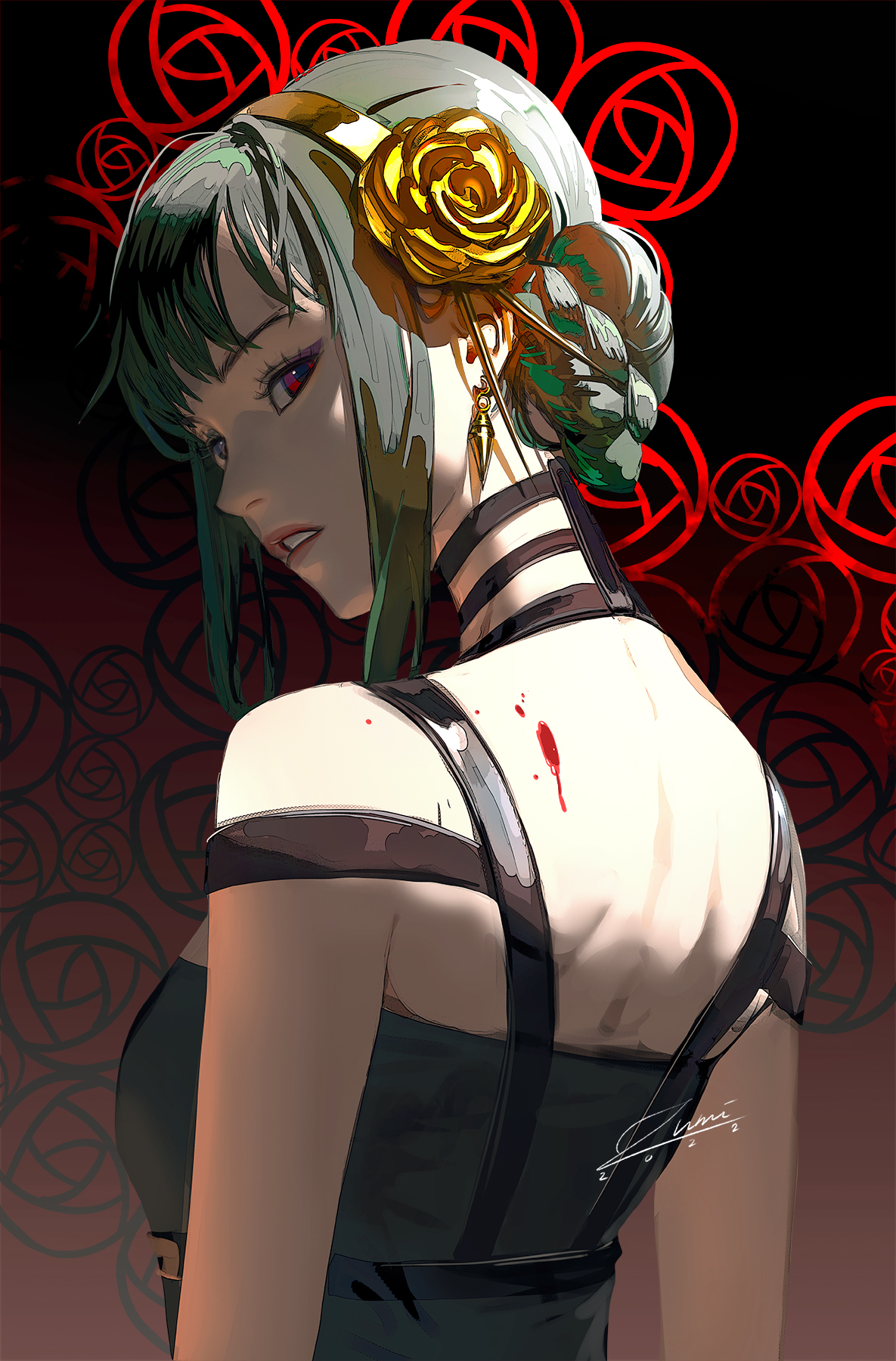 1girls, artist signature, assassin, back, back view, black dress, black hair, blood, earrings, female, female human, flower in hair, full lips, hair ornament, hairband, human, mature female, red eyes, spy x family, thorn princess, watermark, yor briar, yor forger, zumi