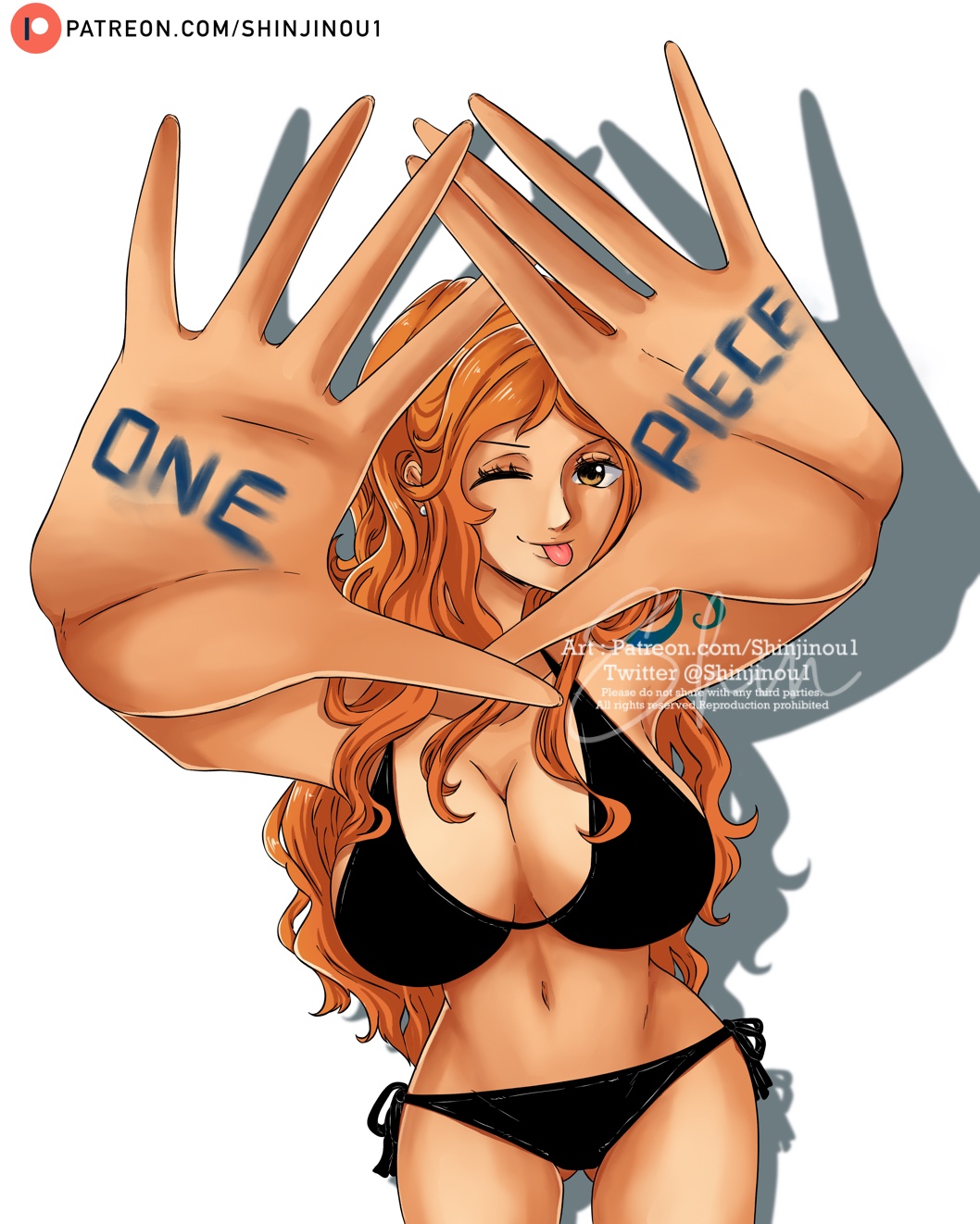 1girls big_breasts bikini bra breasts brown_eyes cleavage ear_piercing female female_only hand_focus hands_up long_hair looking_at_viewer nami narrow_waist one_piece orange_hair panties shinjinou slim smile solo tongue_out wide_hips wink