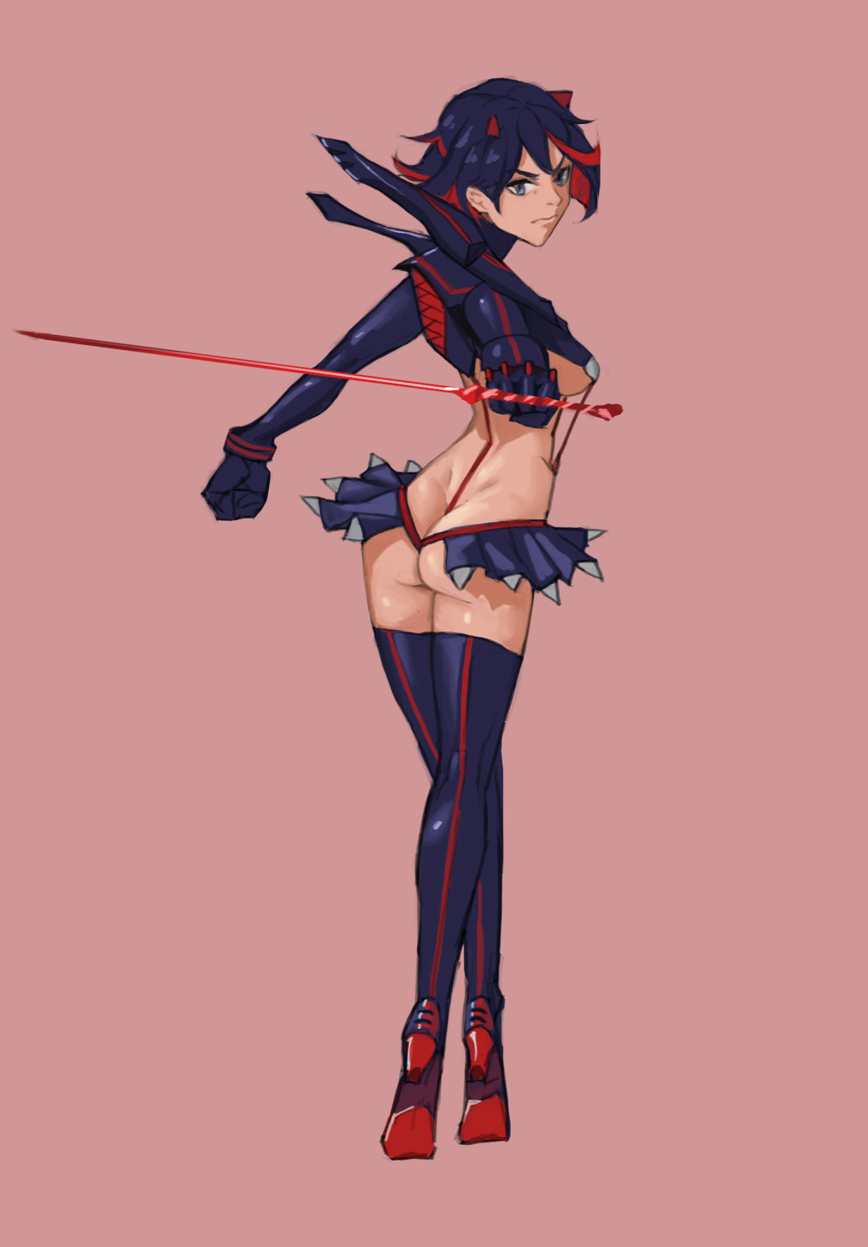1girls, ass, ass cleavage, ass crack, black hair, black-haired female, butt crack, color, colored, female, female focus, female only, full body, hirundo rustica, hong doo, kill la kill, light skin, light-skinned female, matoi ryuuko, scissor blade, scissor blade (kill la kill), senketsu, simple background, solid color background, solo, solo female, standing, two-tone hair