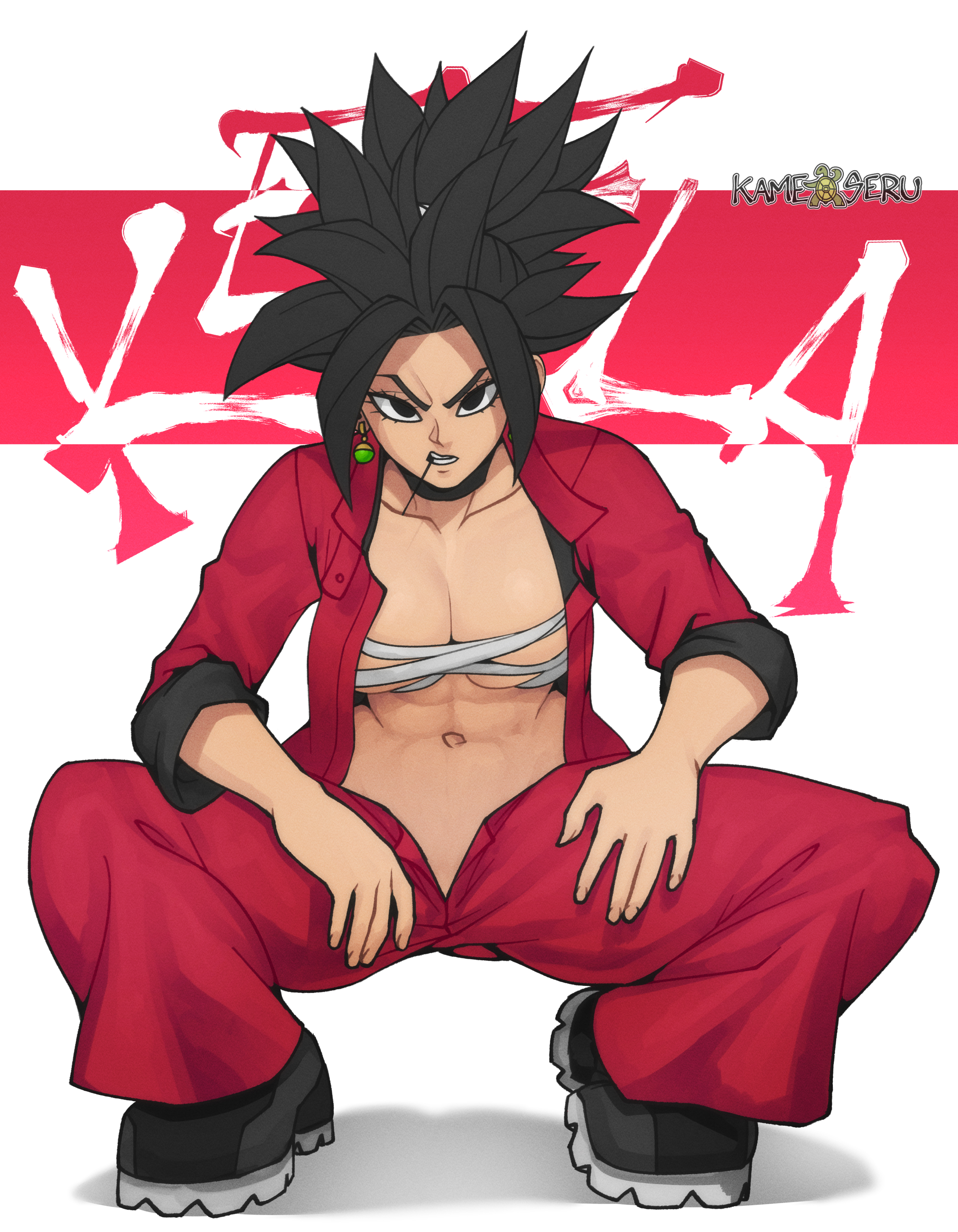 1girls, black hair, dragon ball, dragon ball super, female, female focus, female only, jumpsuit, kameseru, kefla, open clothes, squatting