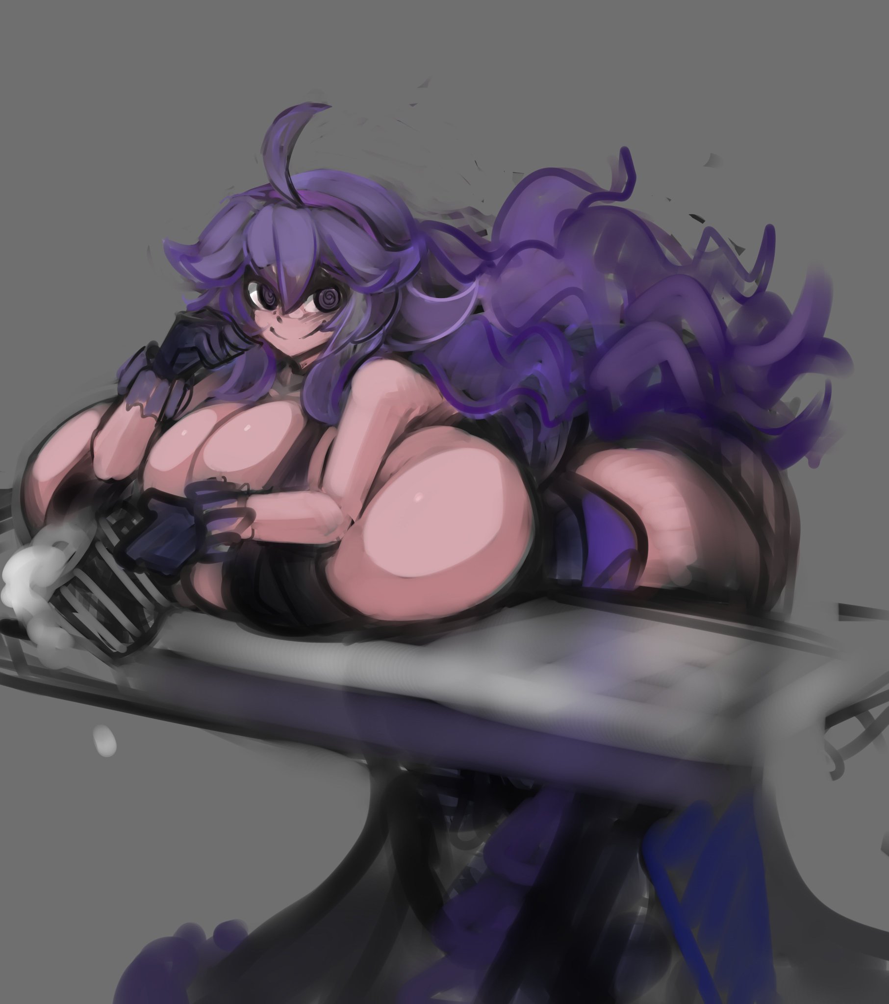 @ @, breast press, breasts, bursting breasts, dress, female, flower, gipehtyboon, hex maniac, huge breasts, leaning forward, long hair, pokemon, pokemon xy, purple hair, wip, yboon
