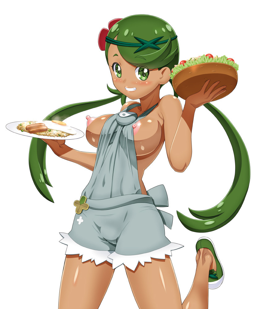 armpits arms_up breasts cowboy_shot creatures_(company) dark-skinned_female dark_skin eyebrows_visible_through_hair eyes_visible_through_hair female female_focus game_freak green_eyes green_hair kousaka_jun long_hair looking_at_viewer mallow_(pokemon) medium_breasts naked_overalls nintendo nipples no_bra overalls plate pokemon pokemon_(anime) pokemon_(game) pokemon_sm simple_background smile solo twintails very_long_hair white_background