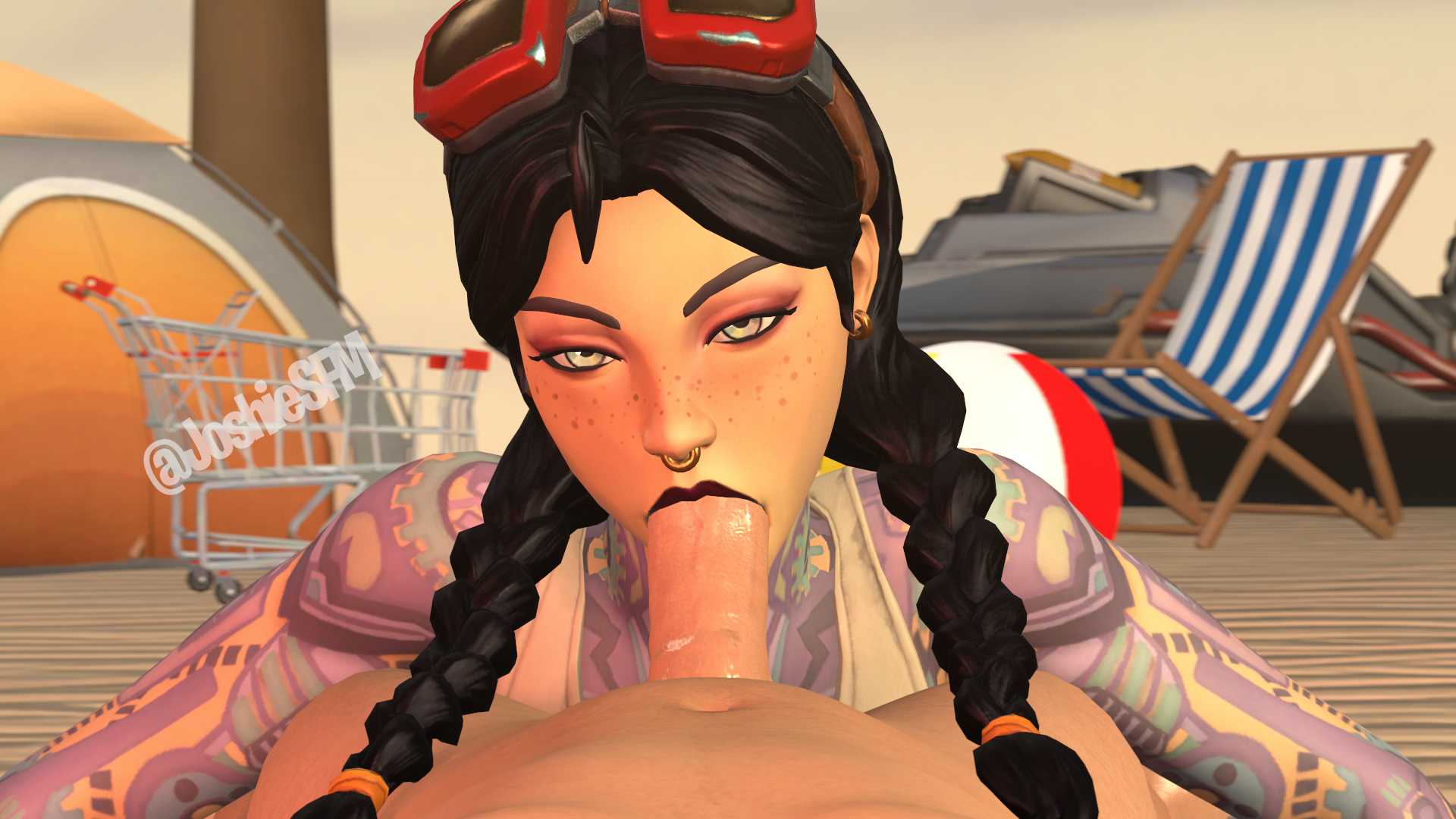 1girls, 3d, black hair, black lipstick, braided twintails, epic games, eye contact, female, fortnite, freckles, green eyes, joshiensfw, jules (fortnite), male, oral, penis, petite, pink eyeshadow, pov, purple lipstick, seductive eyes, tattoo, tattoos, twintails