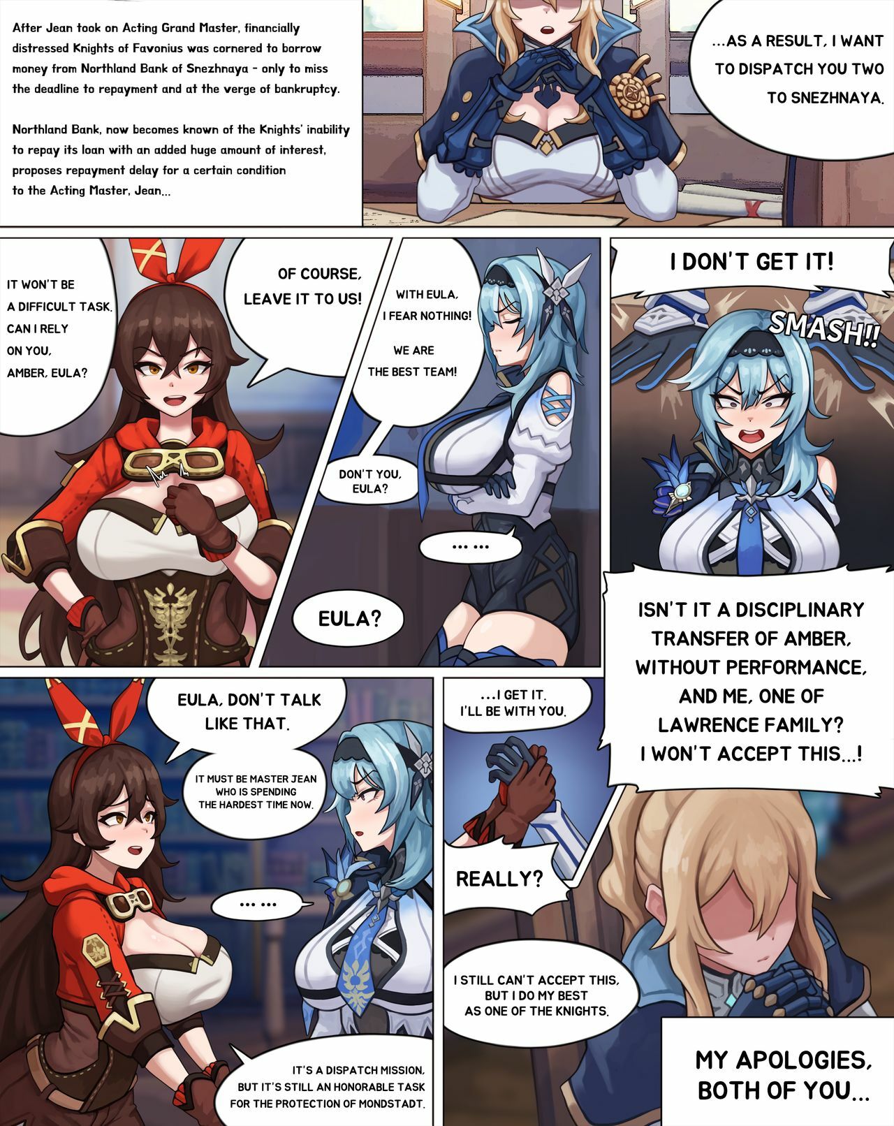 2022, 3girls, amber (genshin impact), big breasts, blonde hair, blue hair, breasts, brown hair, english text, eula (genshin impact), female, female only, genshin impact, gloves, hair between eyes, jean gunnhildr, poper, talking
