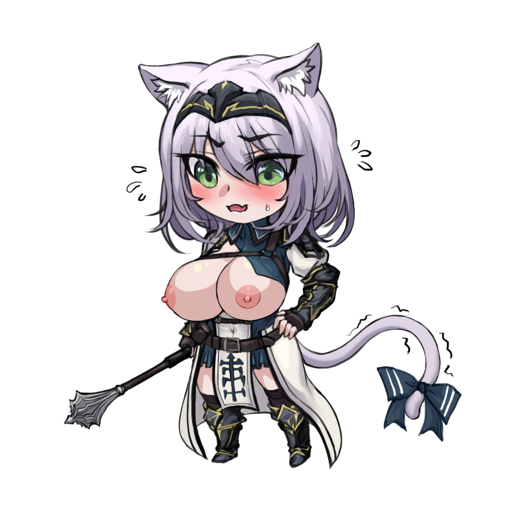 animal_ear_fluff animal_ears armor armored_dress bangs belt belt_pouch black_gloves black_legwear blue_dress blush bow breasts breasts_out brown_belt cat_ears cat_girl cat_tail chest_guard chest_harness chest_strap chibi chinese_commentary cleavage cleavage_cutout clothing_cutout collared_dress commentary_request covered_navel dress eyebrows_visible_through_hair female fingerless_gloves flying_sweatdrops full_body gloves greaves green_eyes grey_hair hair_between_eyes harness holding holding_weapon hololive hololive_fantasy hololive_japan kemonomimi_mode large_breasts leather_belt looking_at_viewer mace medium_hair nipples open_mouth pauldrons pelvic_curtain pouch puffy_sleeves shirogane_noel short_dress shoulder_armor simple_background single_pauldron solo tail tail_bow tail_ornament thighhighs vambraces virtual_youtuber waist_cape weapon white_background yeklsa