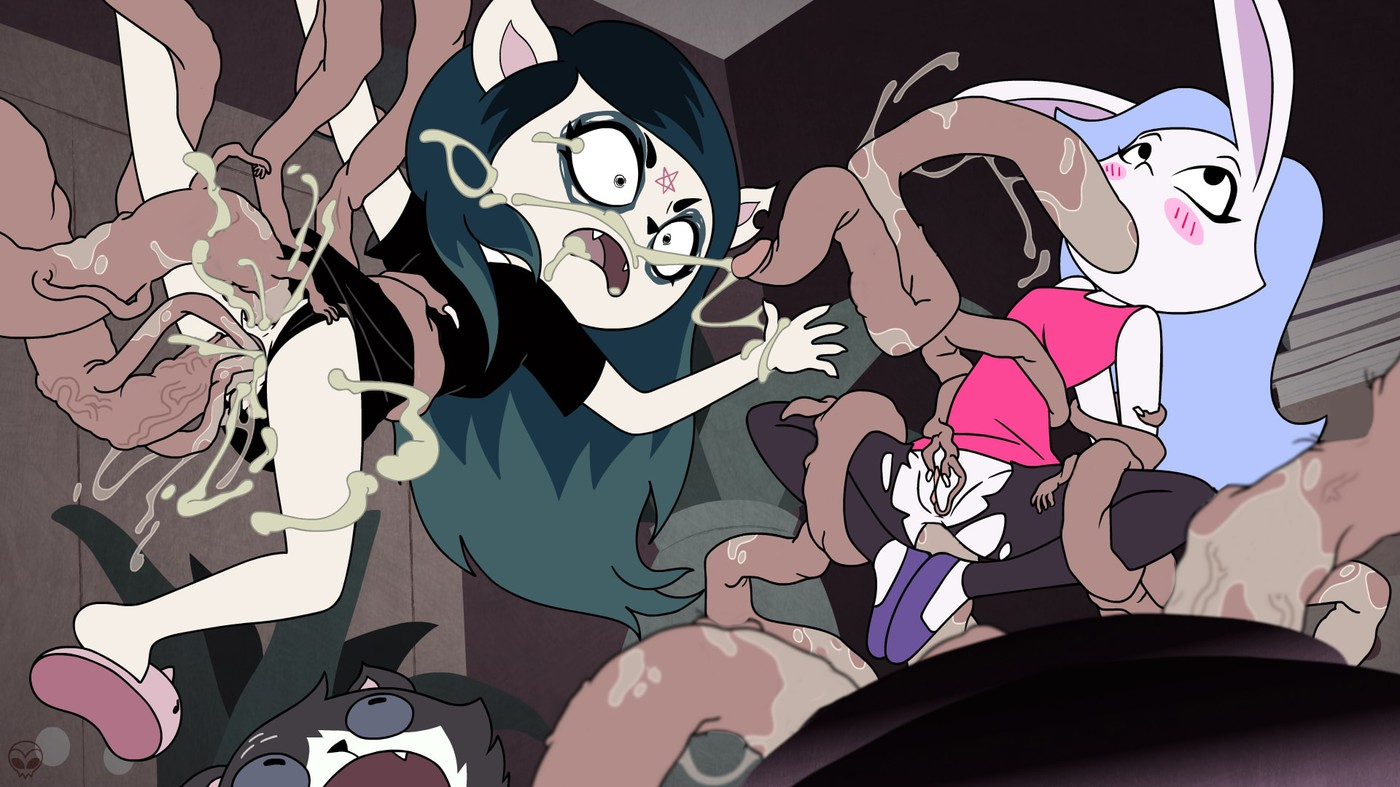 2girls, all the way through, anal, anal penetration, anthro, arms behind back, ass, black panties, black shirt, blue hair, blush, bunny, cartoon hangover, claire (the summoning), clothed sex, clothing, cum, cum in mouth, cum in pussy, cum inside, cum on face, double penetration, edgar (the summoning), ex (welcome to doozy), feline, female, frederator studios, from behind, furry, green hair, male, monsterdom, open mouth, panties, panties aside, partially clothed, penetration, penis, penis tentacles, pussy, rabbit, restrained, shirt, slippers, sony pictures animation, spread legs, suspension, tentacle, tentacle sex, the summoning, triple vaginal, vaginal penetration, welcome to doozy, wide eyed, zone