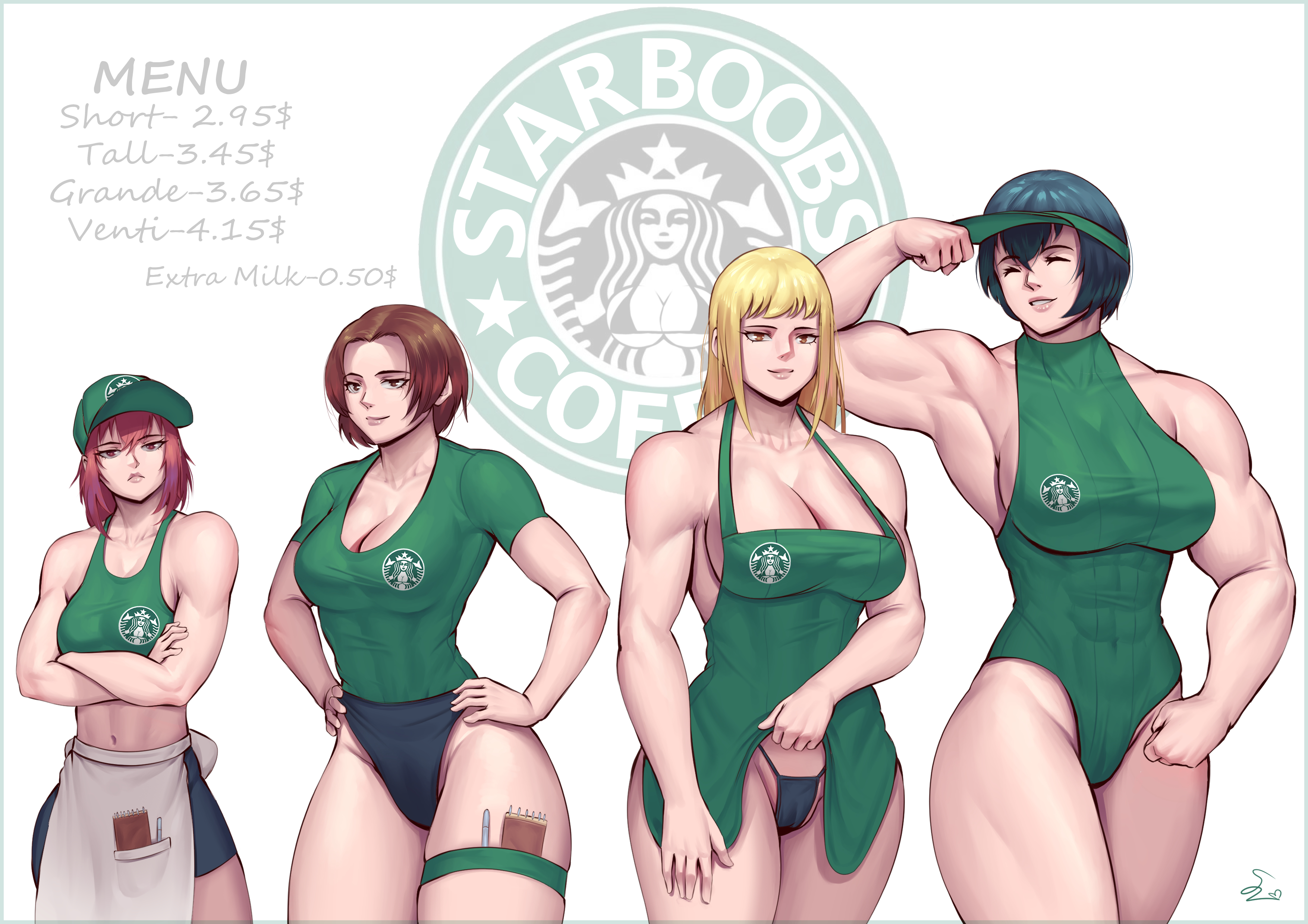 2022, 4girls, 4k, abs, apron, apron only, bikini, black hair, blonde hair, breasts, brown hair, extreme muscles, female, green apron, hat, high resolution, highres, iced latte with breast milk, leotard, lifting apron, meme, multiple females, multiple girls, muscle tone, muscles, muscular, muscular female, red hair, six pack, speedl00ver, starbucks, thigh strap, thong, thong bikini, very high resolution
