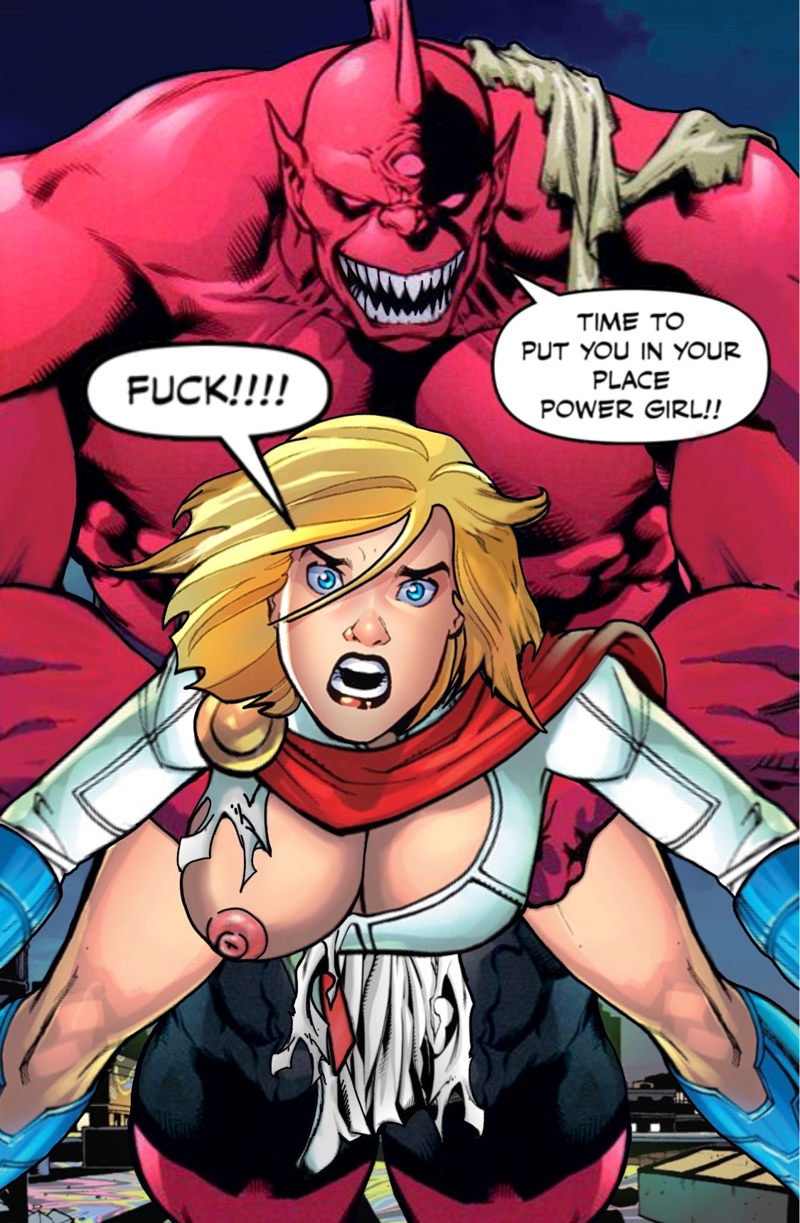 amanda conner (style), character name, clipervartist (artist), dc, dc comics, defeated, defeated heroine, despero, doomed superheroine, female, male, no escape, power girl, raped superheroine, screaming, speech bubble, superman (series), tagme, text