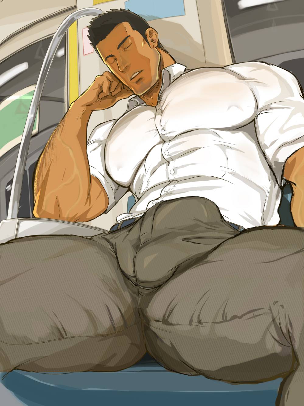 1boy balls_outline beefy big_pecs bulge bulge_through_clothing buttoned_shirt clothed daddy dark_hair flaccid human human_only larger_male leaning_on_elbow legs_apart legs_held_open male male_focus male_only manly manspreading muscular_male nipple_bulge nipple_outline office_clothing office_uniform pants_bulge pecs pectoral_bulge public_transportation shirt short_sleeves sleeping solo subway_train vein veins veiny_muscles waribashi white_shirt