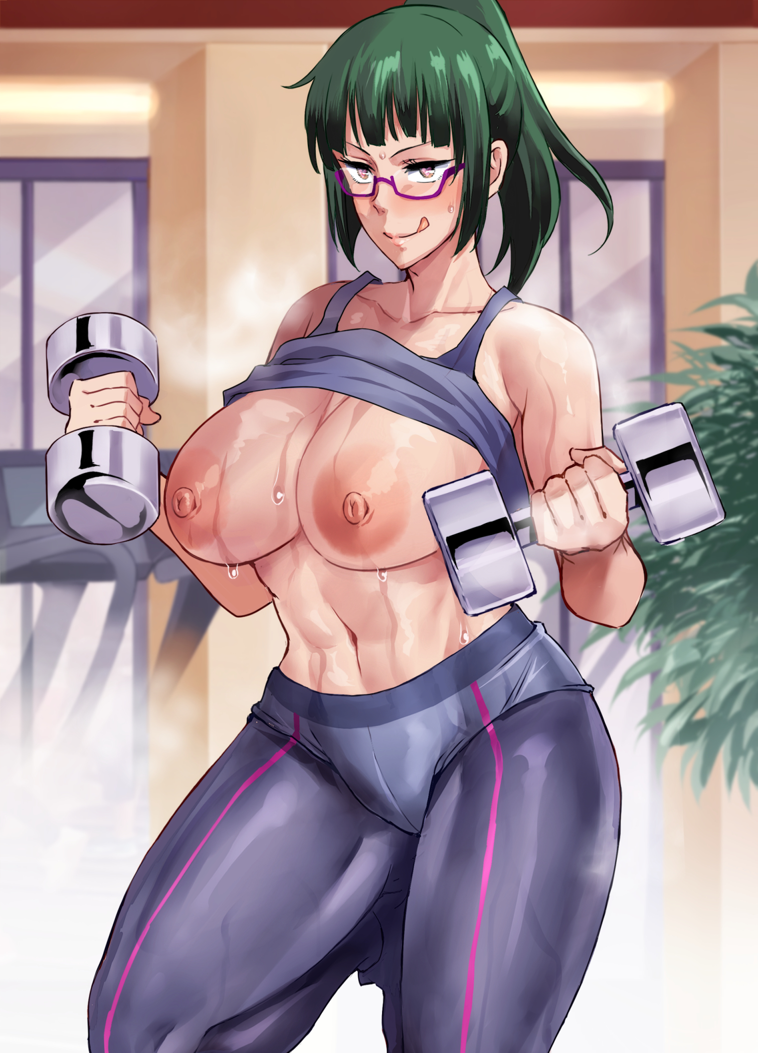 1girls, 2022, 4k, abs, ass, big ass, big breasts, big butt, blush, breasts, cameltoe, female, female focus, glasses, green hair, green-haired female, haikawa hemlen, high resolution, highres, jujutsu kaisen, large breasts, muscle tone, muscles, muscular, muscular female, ponytail, pussy, six pack, solo, sweat, thick thighs, thighs, very high resolution, yoga pants, zenin maki