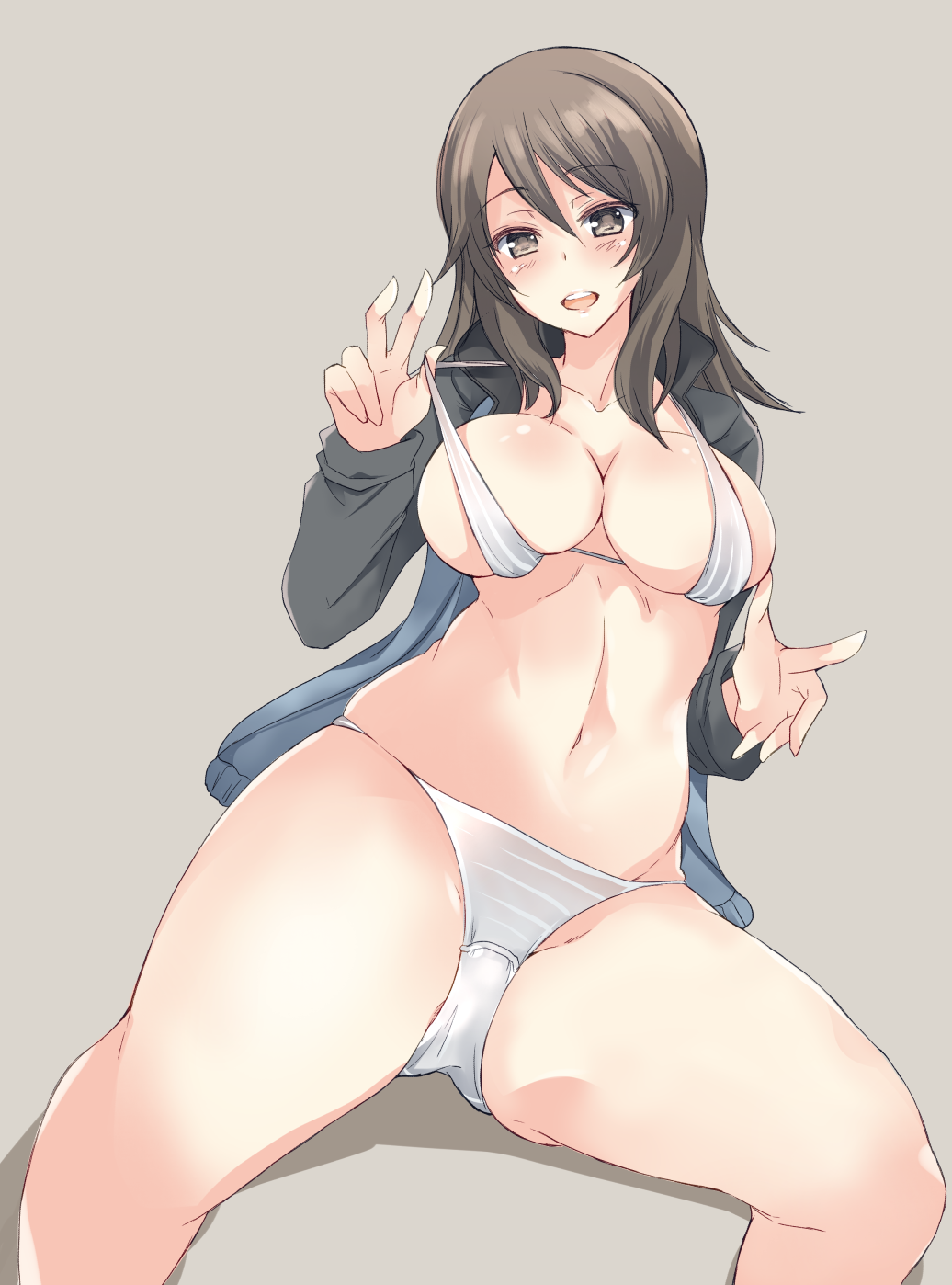 1girls abenattou breasts brown_hair eyebrows_visible_through_hair female girls_und_panzer light-skinned_female light_skin long_sleeves mika_(girls_und_panzer) mouth_open open_mouth panties simple_background solo solo_female thighs underwear