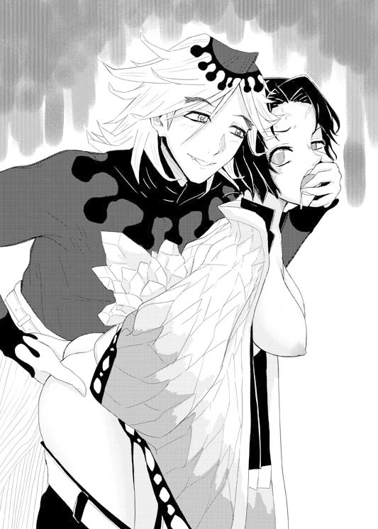 1boy, 1girls, angry, angry face, arms behind back, bent over, bondage, breasts, butterfly hair ornament, demon, demon slayer, douma, exposed breasts, female, finger fuck, fingering, fingers in mouth, fingers in pussy, haori, kimetsu no yaiba, kochou shinobu, male, pants down, partially clothed female, pussy, rape, restrained, veins