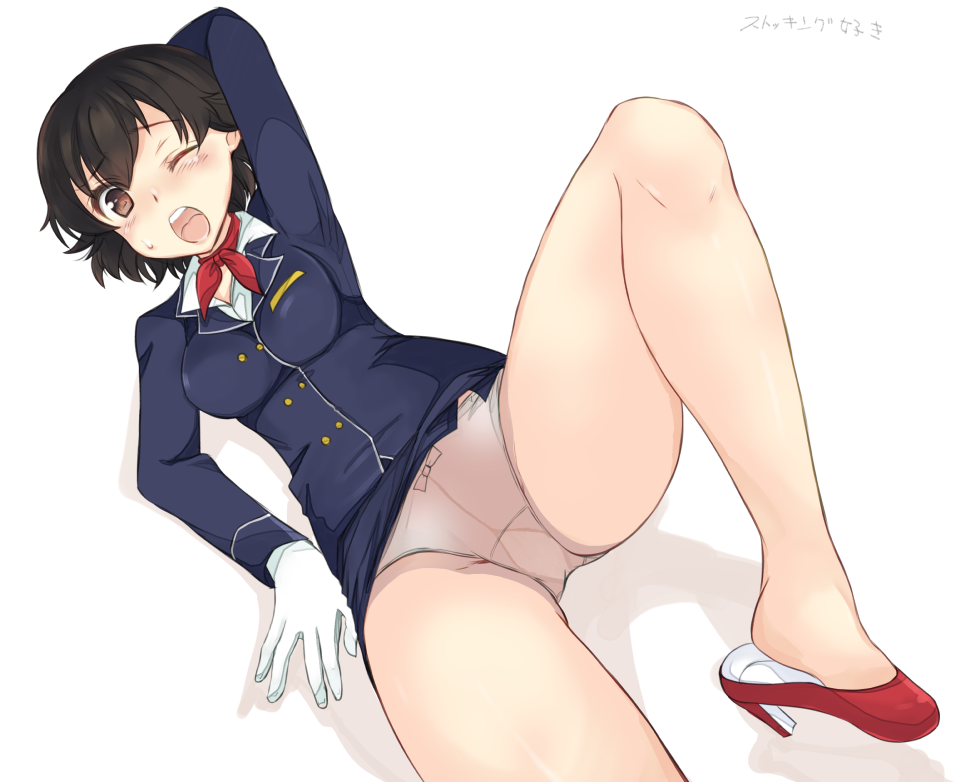 1girls abenattou brown_eyes carpaccio female footwear girls_und_panzer gloves heels light-skinned_female light_skin long_sleeves one_eye_closed open_mouth panties red_footwear red_heels red_shoes shoes short_hair simple_background solo solo_focus topwear underwear white_background white_gloves