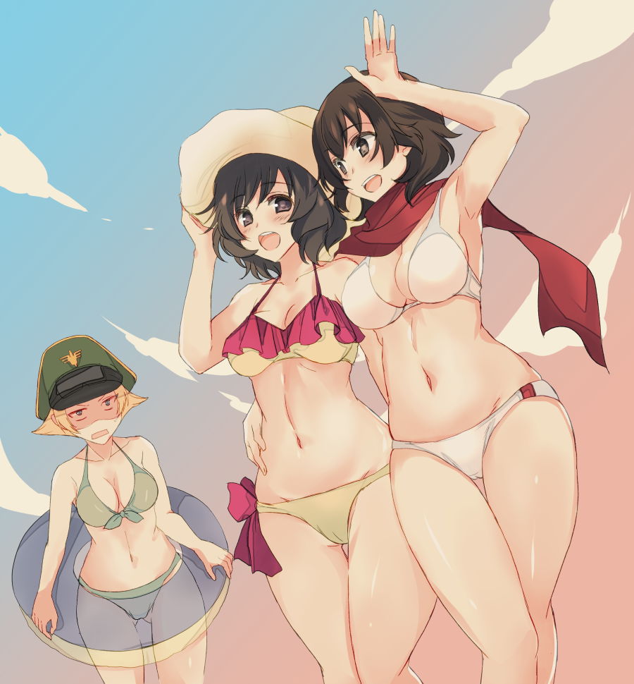 3girls abenattou akiyama_yukari caesar_(girls_und_panzer) erwin_(girls_und_panzer) female float_ring floatie girls_und_panzer hat headwear innertube light-skinned_female light_skin multiple_females multiple_girls open_mouth pool_float swimsuit trio