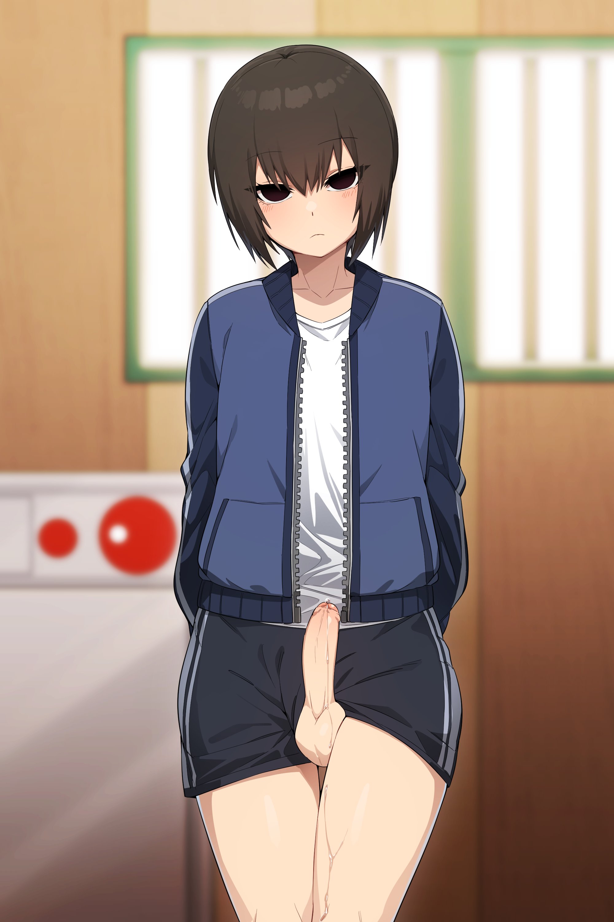 1boy, ain (in), balls, dead eyes boy (in), erection, excessive precum, eye contact, femboy, girly, in (ain), looking at viewer, male, male only, original, penis, precum, precum drip, short hair, shorts, solo, solo male, standing, testicles, thighs