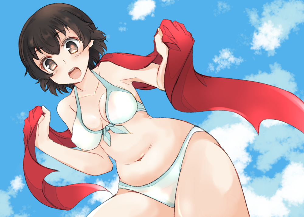 1girls abenattou bikini blue_sky caesar_(girls_und_panzer) cloud clouds dark_hair day daytime female female_focus female_only front-tie_bikini front-tie_top girls_und_panzer light-skinned_female light_skin open_mouth red_scarf scarf short_hair sky solo_female swimsuit