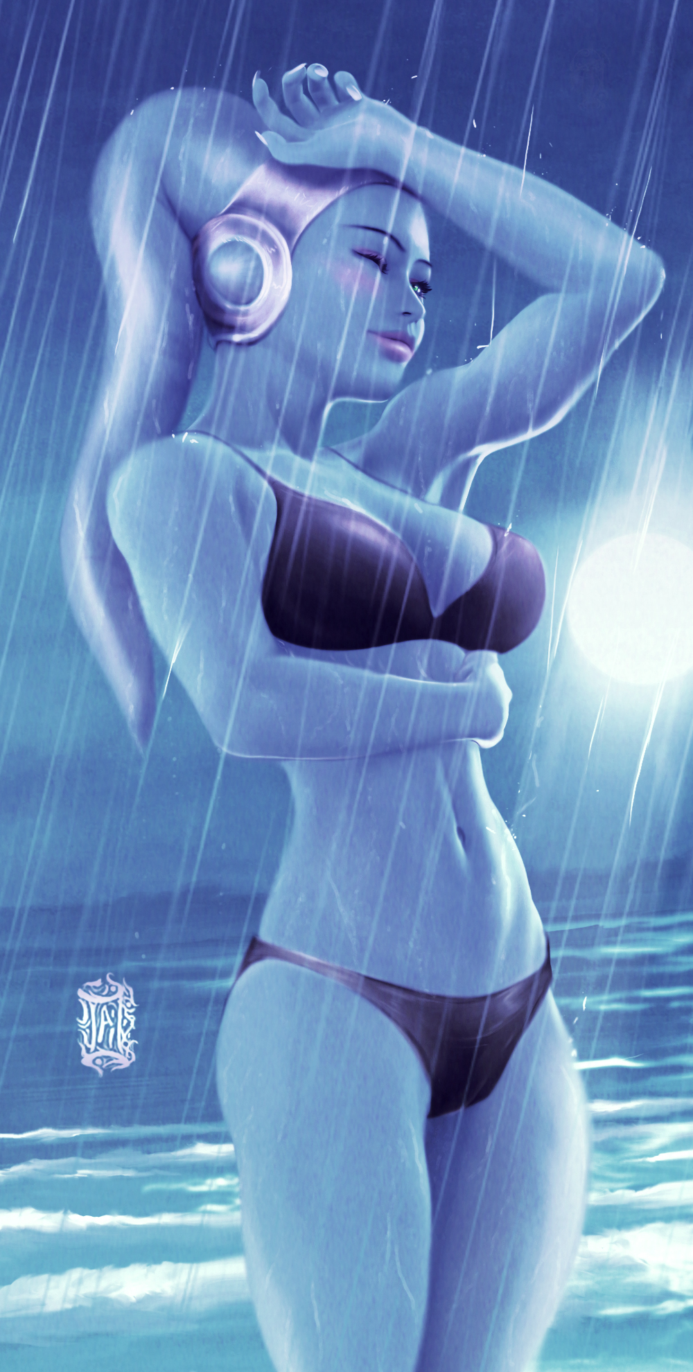 aikurisu, beach, bikini, blue skin, blush, breasts, cleavage, female, female only, headwear, large breasts, raining, seaside, star wars, twi'lek, watermark