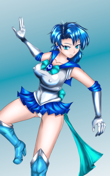 1girls aki ami_mizuno big_breasts bishoujo_senshi_sailor_moon blue_eyes blue_hair boots clothing erect_nipples erect_nipples_under_clothes female female_only fully_clothed gloves high_heel_boots knee_boots panties sailor_mercury skirt small_breasts solo