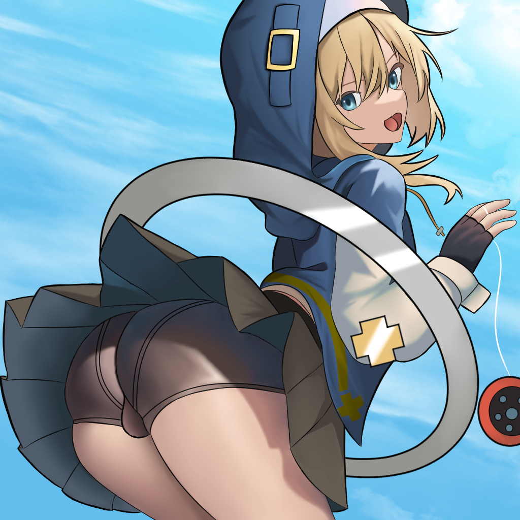 1boy ass backsack balls big_ass big_butt bike_shorts blonde_hair blue_eyes bridget crossdressing femboy fingerless_gloves gloves guilty_gear guilty_gear_strive guilty_merlin hoodie male male_only pose shorts skirt sky solo thick_thighs thighs