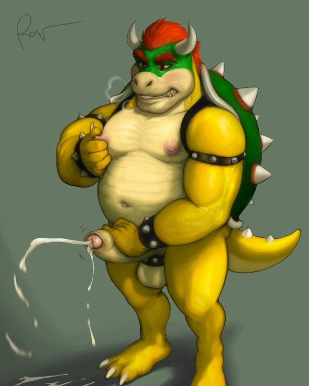 4:5 ball_stretcher balls bara blush bodily_fluids bowser breath clenched_teeth cock_ring cum cum_on_ground erection foreskin genital_fluids genitals hair hi_res horn humanoid_genitalia humanoid_penis koopa male male_only mario_(series) masturbation navel nintendo nipple_fetish nipple_pinch nipple_play nipples orgasm panting penile penile_masturbation penis pinch red_eyes red_hair rov scalie shell solo spike_(disambiguation) teeth video_games