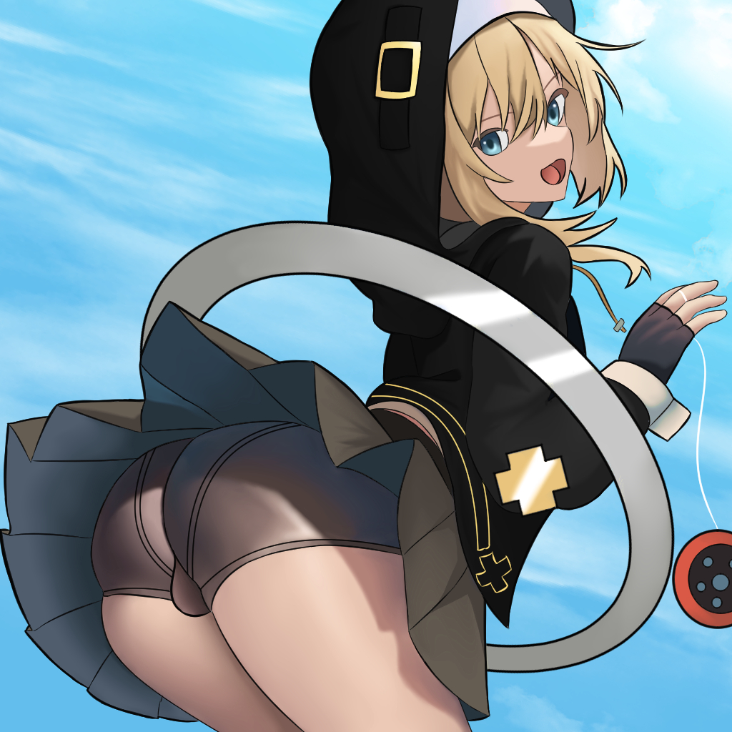 1boy ass backsack balls big_ass big_butt bike_shorts blonde_hair blue_eyes bridget crossdressing femboy fingerless_gloves gloves guilty_gear guilty_gear_strive guilty_merlin hoodie male male_only pose shorts skirt sky solo thick_thighs thighs trap