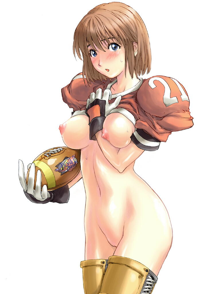 1girls anezaki_mamori ball blue_eyes blush bottomless breasts brown_hair clothes_writing clothing_writing eyeshield_21 female football_(american) konkitto large_breasts no_panties short_hair solo sports_uniform sportswear uncensored