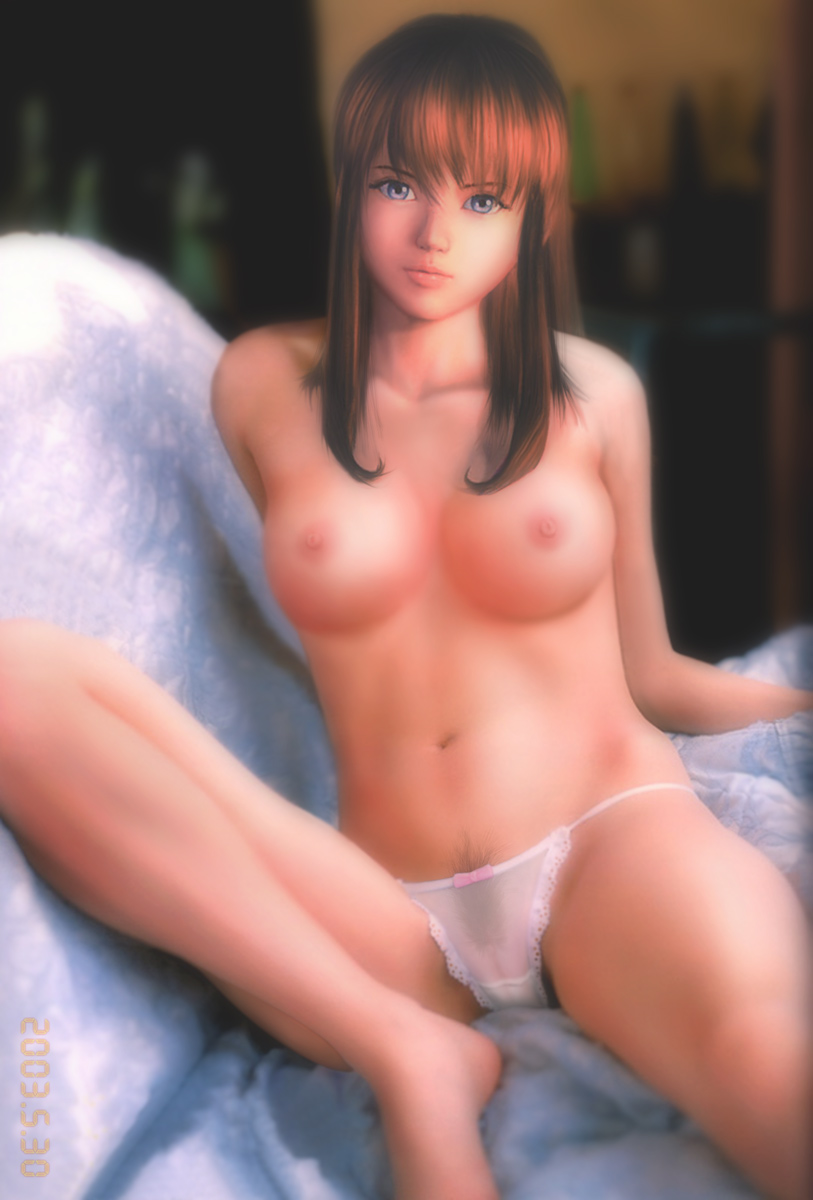 3d arm_support bare_shoulders blue_eyes bow bow_panties breasts brown_hair cameltoe dead_or_alive dead_or_alive_xtreme_beach_volleyball erect_nipples female female_only fringe_hair highres hitomi_(doa) human lace-trimmed_panties large_breasts legs long_hair navel nipples panties photoshop polygon pubic_hair pussy see-through sitting solo spread_legs tecmo topless uncensored underwear underwear_only white_panties