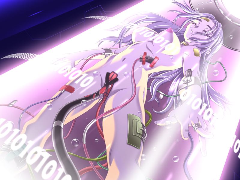 bondage bubble cable closed_eyes dutch_angle eclipse_-zettai_reido_keikaku:_soushitsu_shoujo- electrode_(object) female game_cg high_tech in_container laboratory long_hair nipples sci-fi science science_fiction stasis_tank technology tits tube underwater waterbreathing