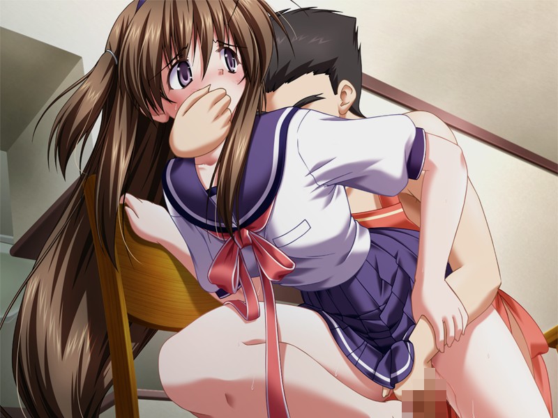 bent_over blush brown_hair censored covering_mouth fingering game_cg hand_over_another's_mouth kazami_haruki long_hair nozaki_mai osananajimi_na_kanojo rape school_uniform schoolgirl serafuku solo sweat