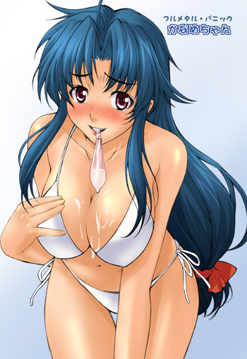 1girls bikini blue_hair blush breasts chidori_kaname condom condom_in_mouth cum cum_on_body cum_on_breasts cum_on_upper_body female full_metal_panic long_hair mouth_hold red_eyes side-tie_bikini solo swimsuit takurou takurou_(mix_fry) used_condom