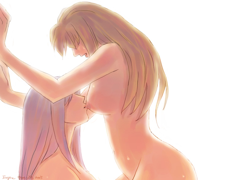 2girls breast_sucking breasts brown_hair eugene eugene_(artist) female fujino_shizuru kuga_natsuki mai_hime multiple_girls my-hime nude small_breasts yuri