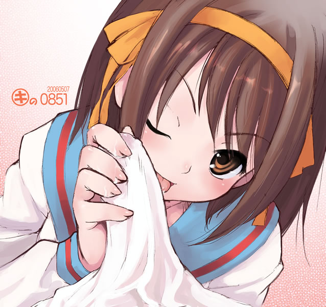 brown_eyes brown_hair clothed_erection fellatio female human kei_jiei male oral panties penis short_hair straight suzumiya_haruhi suzumiya_haruhi_no_yuuutsu underwear wink