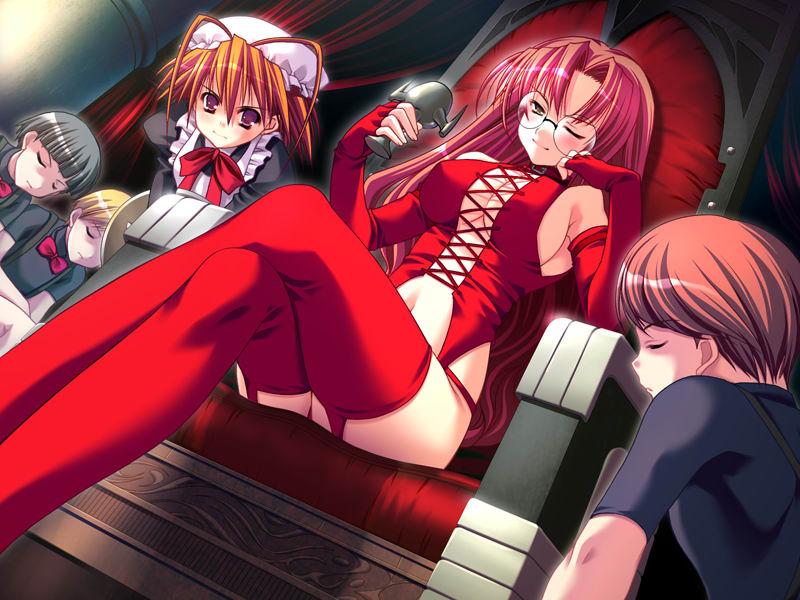 crossed_legs dominatrix femdom from_below game_cg glasses gloves jpeg_artifacts keg legs_crossed long_hair maid red_leather sitting tetsuwan_gacchu! thighhighs