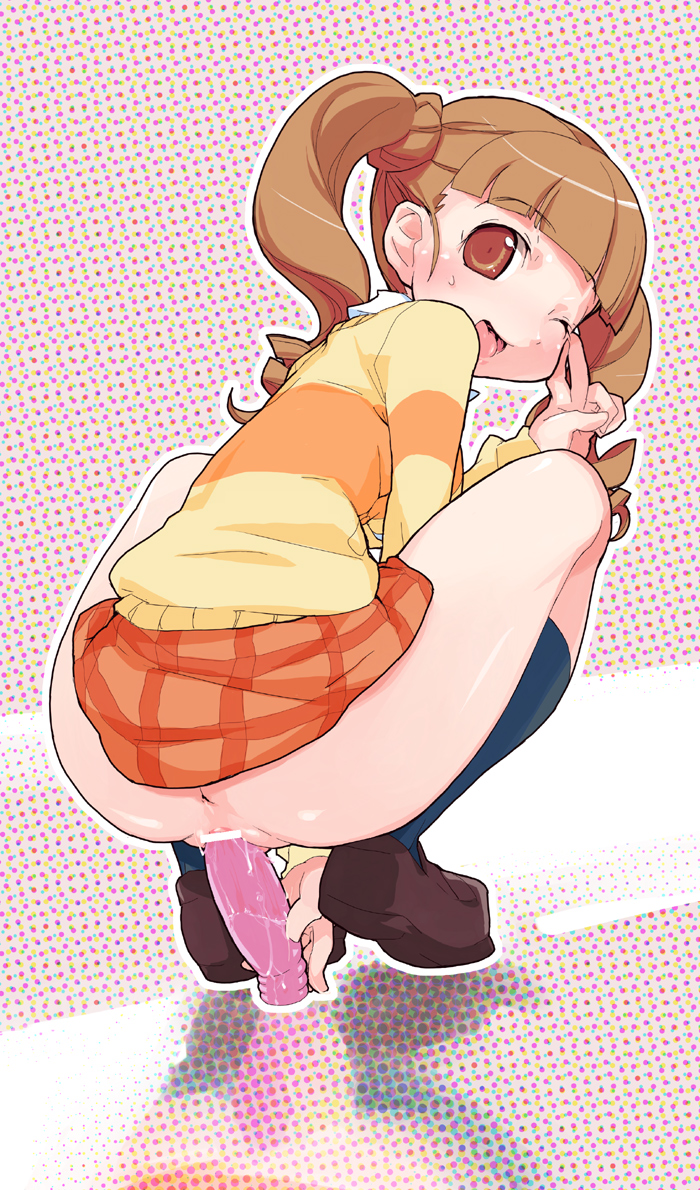 1girls abstract_background anus ass censored censored_pussy clothing dildo dildo_sitting female female_masturbation female_only masturbating masturbation najimi najimi_shin no_panties onegai_my_melody sanrio sex_toy skirt skirt_lift solo solo_female squat squatting sweat thick_outline tied_hair twintails vaginal_penetration wink yumeno_uta