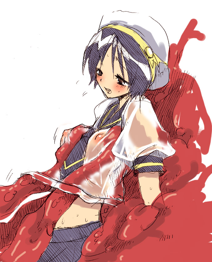 ambiguous_penetration beret breasts color_sketch covered_penetration dress hat implied_penetration implied_sex school_uniform seifuku serafuku sex_under_clothes sex_under_dress skirt tentacle tentacle_under_clothes tentacle_under_dress tentacles_under_clothes wet