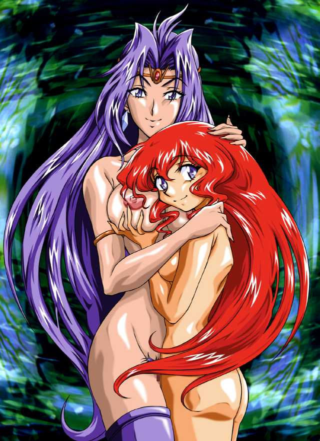 2girls armlet ass big_breasts breast_grab breasts censored circlet duo earrings female female_only hand_on_head hug human jewelry jpeg_artifacts large_breasts light-skinned_female light_skin long_hair looking_back marlene_calvert mosaic_censoring multiple_girls naga_the_serpent nao_takami nipples nude pale-skinned_female pale_skin princess pubic_hair purple_eyes purple_hair red_hair sideboob slayers smile sorceress thigh_band thigh_strap very_long_hair villainess wide_hips yuri