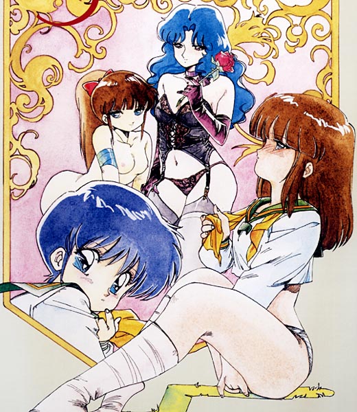 4girls 80s armband bangs bare_shoulders blue_eyes blue_hair blunt_bangs blush bow breasts brown_hair bustier choker clothed_female_nude_female corset cream_lemon escalation_(cream_lemon) female female_only flower footwear garter_straps hairbow hayakawa_naomi_(escalation) kneehighs komatsuzaki_rie lace leaning_forward legs lingerie long_hair looking_back masturbation midriff multiple_girls navel no_pants nude official_art oldschool oomori_midori panties ponytail rose school_uniform seifuku serafuku shingyouji_tatsuya short_hair sitting smile socks thighhighs tied_hair underwear wavy_hair