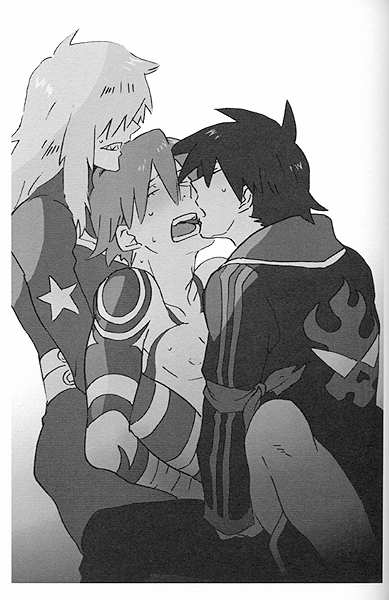 3boys anal bandages black_and_white clothed_male_nude_male clothed_on_nude cmnm gay group_sex in_lap kamina male monochrome multiple_boys sex simon_(tengen_toppa_gurren_lagann) tattoo tengen_toppa_gurren-lagann tengen_toppa_gurren_lagann threesome viral yaoi