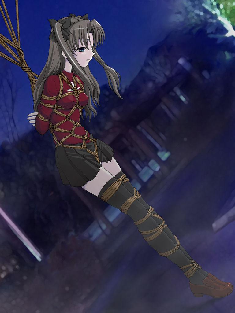 aqua eyes, black hair, black legwear, black thighhighs, blue eyes, bondage, bow, breast bondage, breasts, crotch rope, erect nipples, fate (series), fate/stay night, female, hair ribbon, hairbow, long hair, miniskirt, nipples, nonude, outdoors, predicament bondage, ribbon, rope, skirt, spark utamaro, thighhighs, tied hair, tohsaka rin, turtleneck, twintails, zettai ryouiki