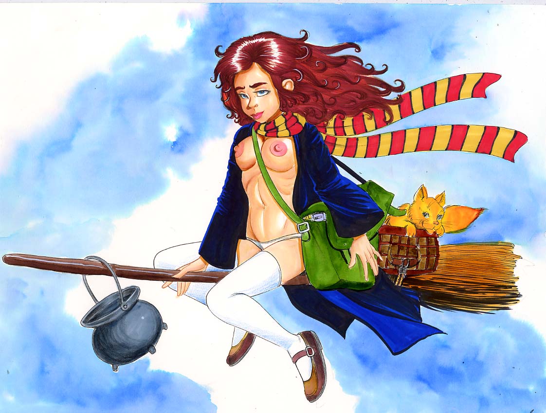 1girls barry_blair basket belt broom broom_riding casual cauldron clothing crookshanks female flying_broom footwear harry_potter hermione_granger human legwear luggage outerwear pale_skin