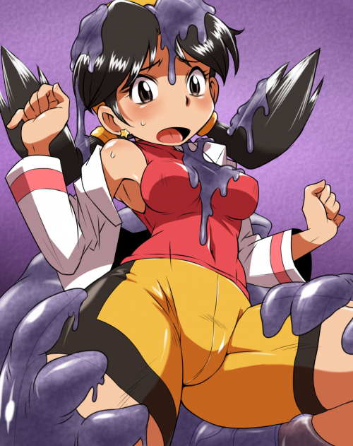 arms_up black_hair color earrings female hun_(artist) imminent_rape kris_(pokemon) monster muk open_mouth pokemon pokemon_gsc restrained slime slime_monster small_breasts star_earrings sweat tied_hair twintails