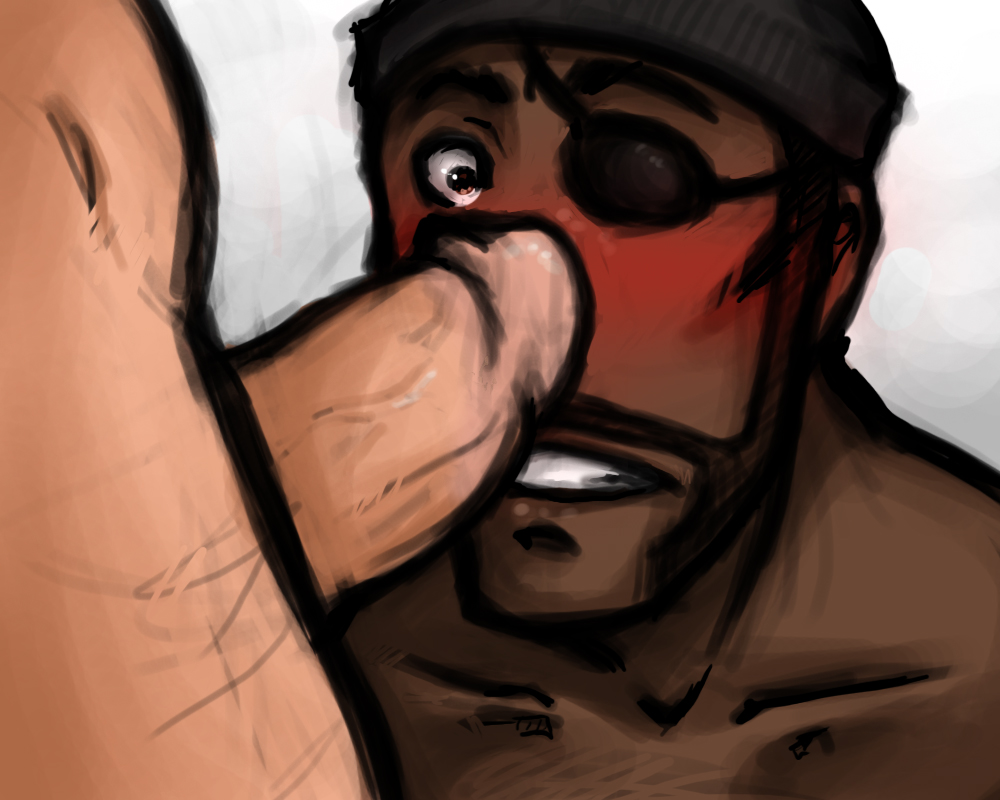 2boys 2d brown_eye clenched_teeth dark-skinned_male demoman demoman_(team_fortress_2) erection eva eye_patch facial_hair feet_out_of_frame gay head_out_of_frame heavy_weapons_guy human human_male human_only imminent_penetration looking_at_penis male male_only nude retracted_foreskin scars team_fortress_2 veiny_penis watch_cap wide_eyed yaoi