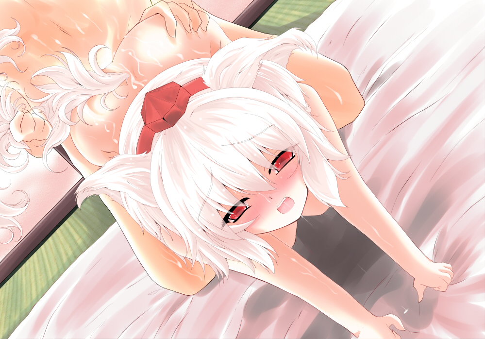 all_fours animal_ears bed_sheet blush doggy_style hat momiji_inubashiri nude red_eyes saliva sex sheet_grab shirosuzu short_hair solo sweat tail tail_grab tokin_hat touhou white_hair wolf_ears wolf_tail