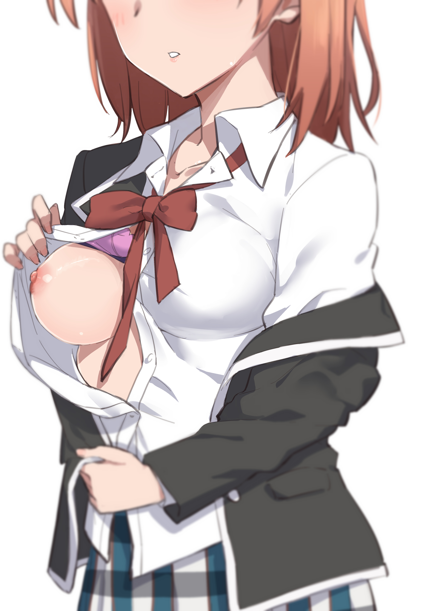 1girls, areolae, blush, bra, bra lift, breasts, collarbone, embarrassed, female, female only, highres, light skin, light-skinned female, morisobo, my teen romantic comedy snafu, nipples, open shirt, orange hair, pink bra, presenting, presenting breasts, school uniform, shirt, short hair, shy, solo, uniform, white background, white shirt, yuigahama yui